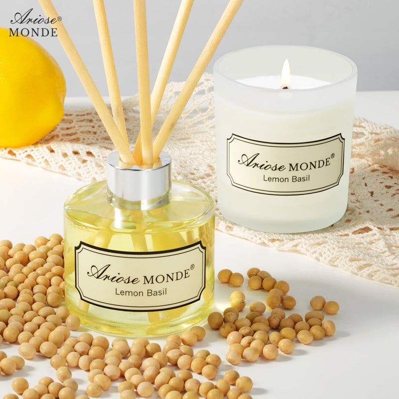 ArioseMonde Reed Diffuser & Scented Candle Gift Set, Lemon Basil Oil Diffuser Sticks, Fragrance Diffuser & Soy Wax Candles in Glass Jar, Natural Soy Candles Gifts for Home Decor - Image 4